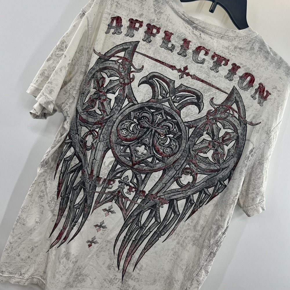 Affliction Royale Connect Shirt Mens L Cyber Gothic Crosses Grunge Y2K White SS